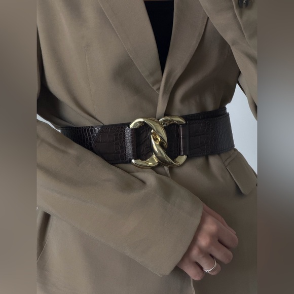 Zara Leather Brown Croc-Embossed Belt with Gold Buckle main image 12